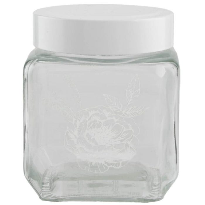 Pepco Decorated Square Glass Container, 500ml - White Flowers