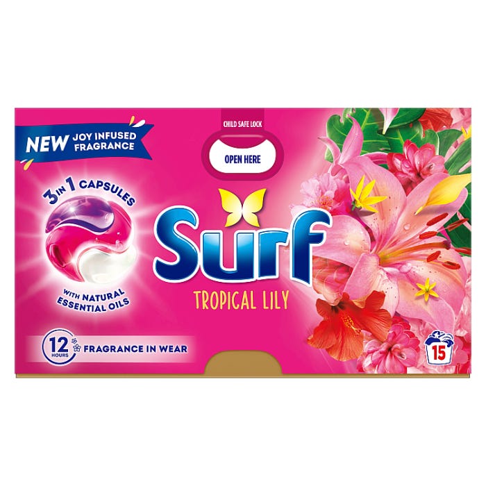 Surf 3 in 1 Laundry Washing Detergent Capsules Tropical Lily, 15 washes