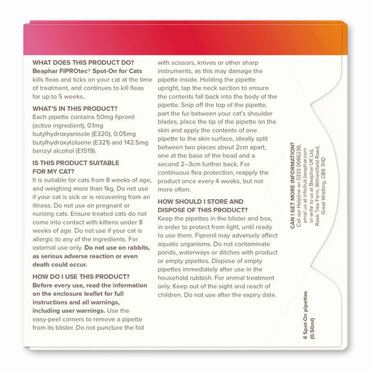 Beaphar FIPROtec Flea & Tick Spot-On For Cats 4 Pipettes