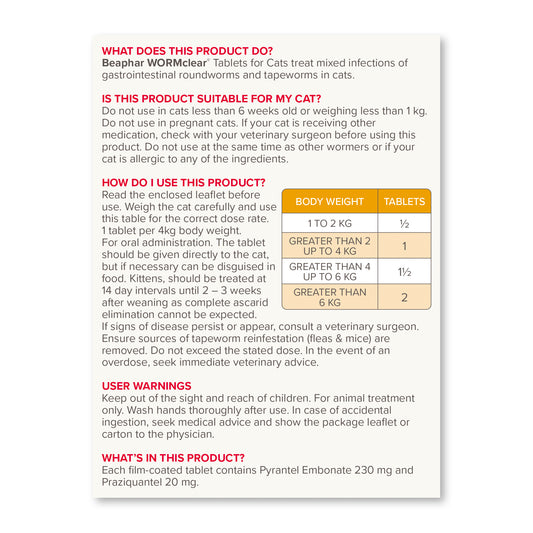 Beaphar WORMclear Worming Tablets for Cats 4 Tablets
