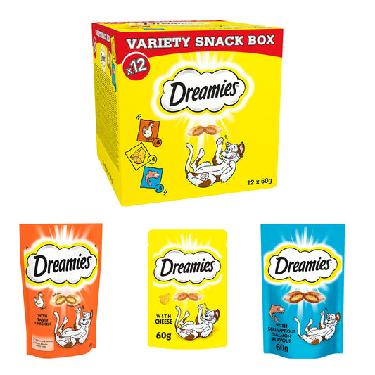 Dreamies Variety Snack Box Cat Treats with Chicken, Cheese & Salmon 12x60g