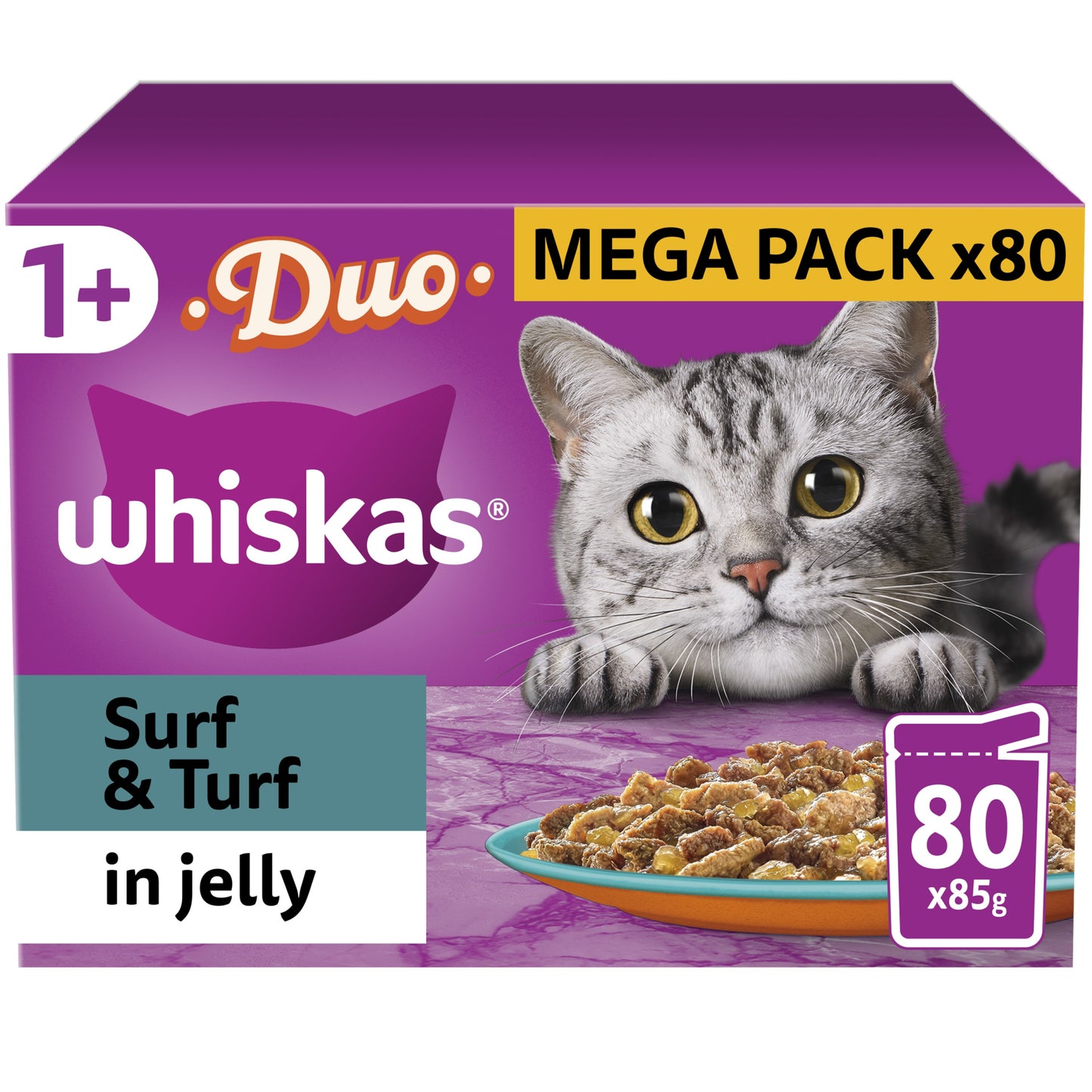 Whiskas 1+ Adult Wet Cat Food Duo Surf & Turf In Jelly 80x85g