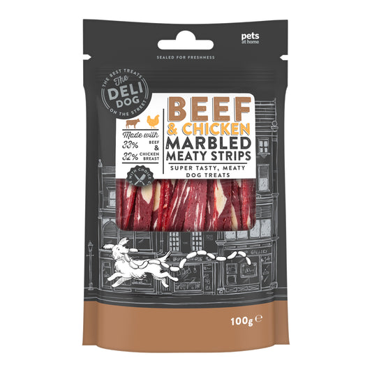 Pets At Home The Deli Dog Beef & Chicken Marbled Meaty Strips Dog Treats 100g