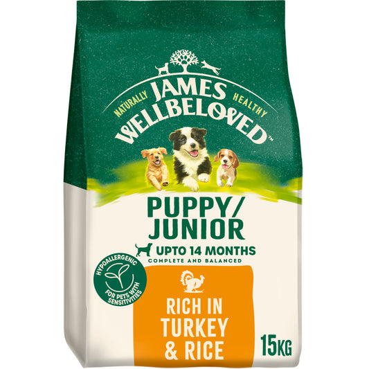 James Wellbeloved Hypoallergenic Puppy Junior Dry Dog Food Turkey & Rice 15kg