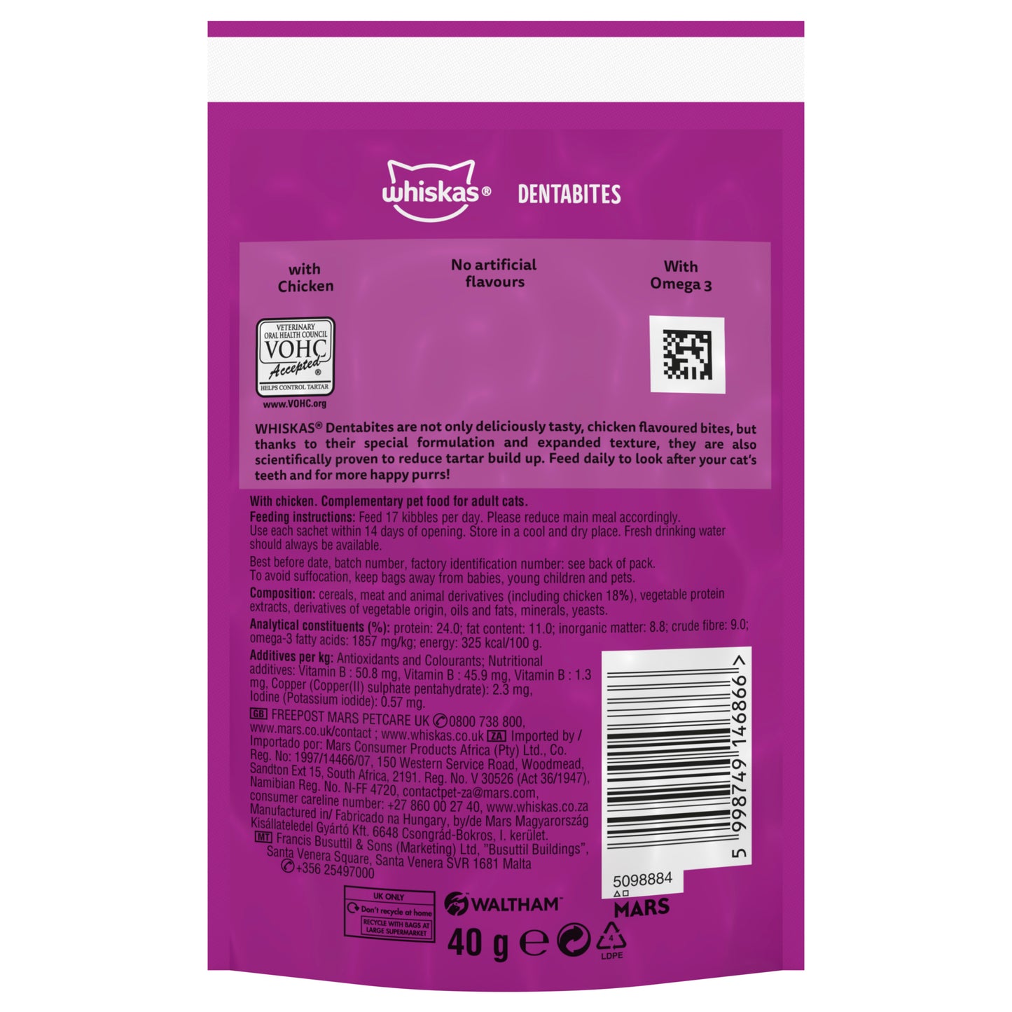 Whiskas Dentabites Adult Cat Treats with Chicken 40g