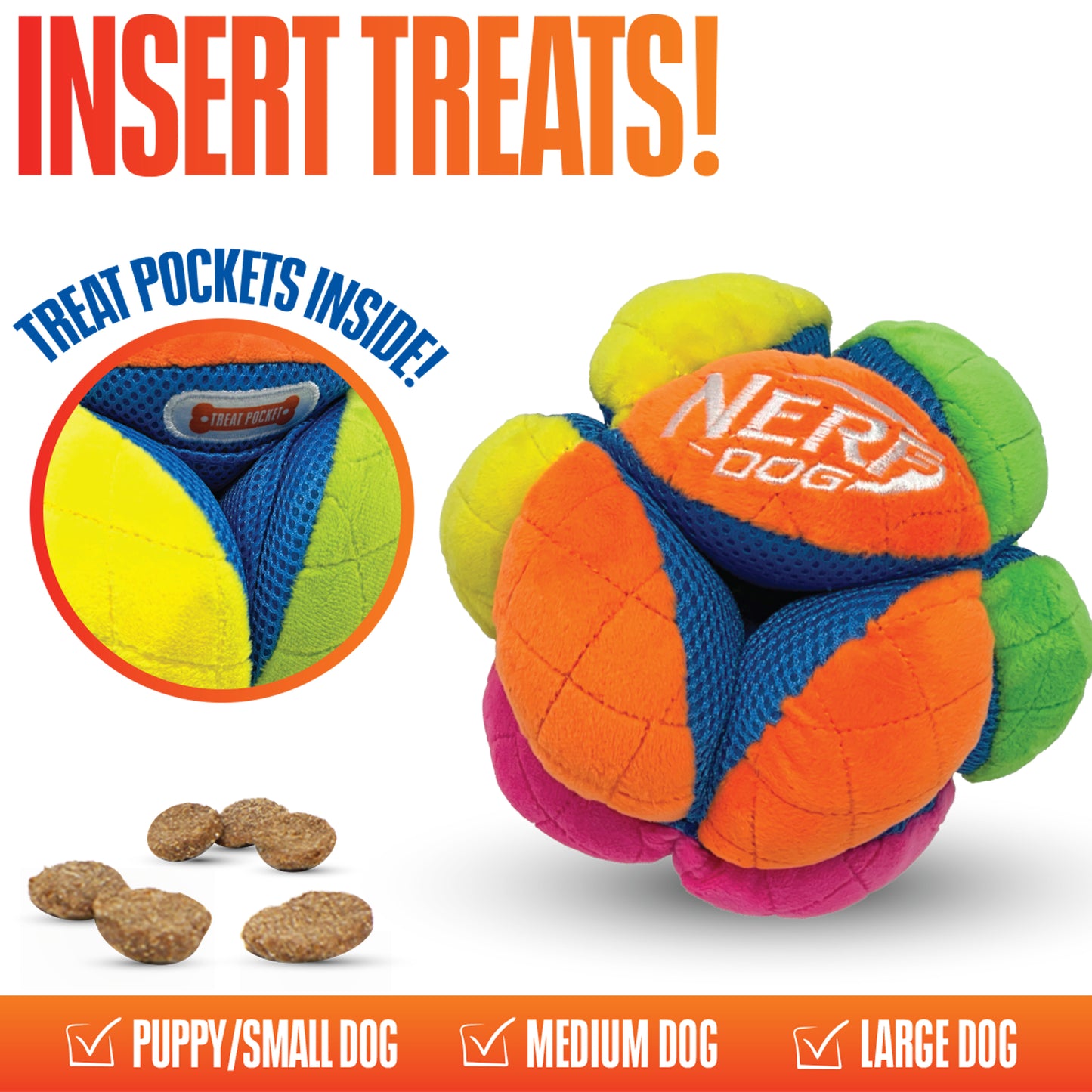 Nerf Mash Up Plush Ball with Treat Pockets Squeaky Dog Toy Multicolour