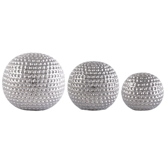 Set of 3 Silver Ceramic Dimpled Sphere Ornaments
