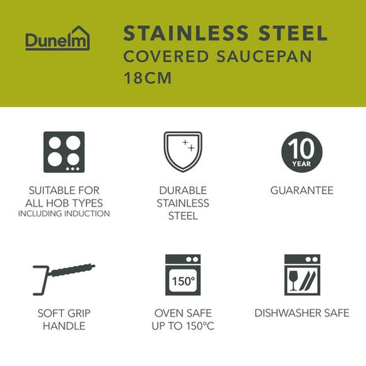Stainless Steel Covered Saucepan, 18cm