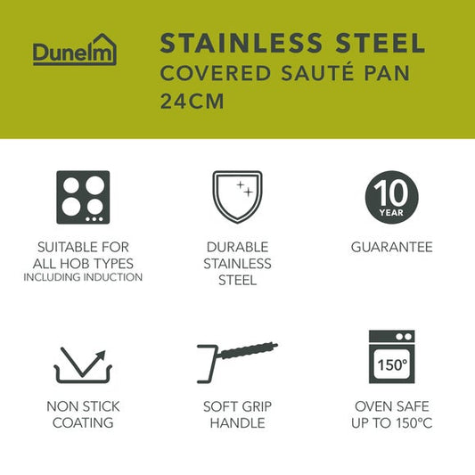 Non-Stick Stainless Steel Covered Saute Pan, 24cm
