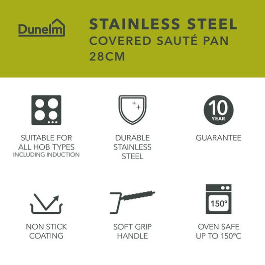 Non-Stick Stainless Steel Covered Saute Pan, 28cm