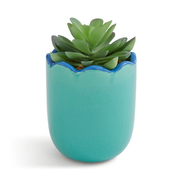 Artificial Succculent in Scalloped Ceramic Plant Pot
