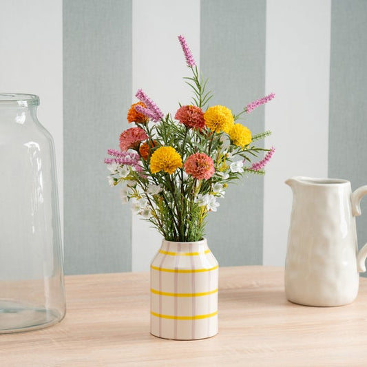 Artificial Chrysanthemum in a Gingham Ceramic Vase