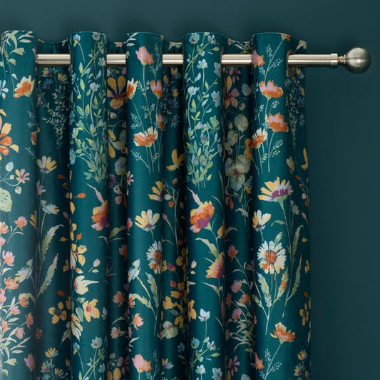 Watercoloured Floral Velour Blackout Eyelet Curtains