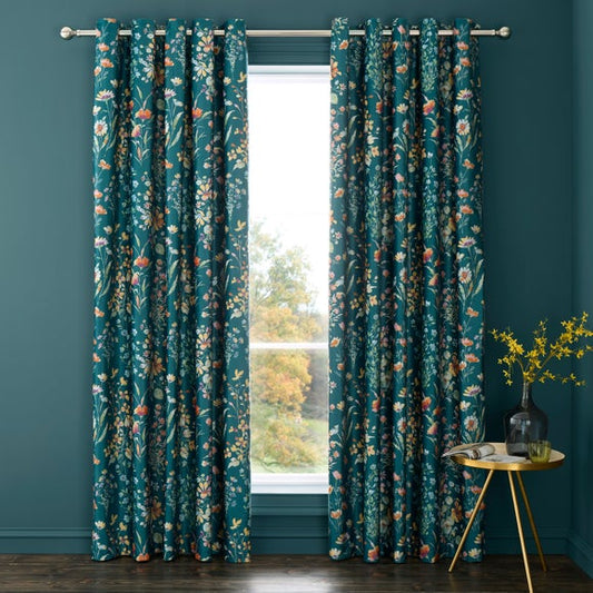 Watercoloured Floral Velour Blackout Eyelet Curtains
