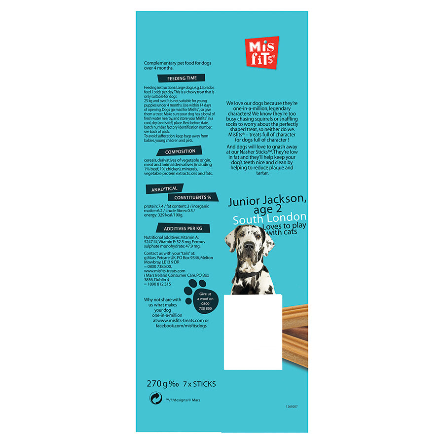 Misfits Nasher Sticks Large Breed Adult Dog Treats with Chicken & Beef 7 Pack 270g