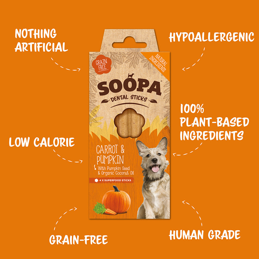 Soopa Dental Sticks Dog Treat Carrot and Pumpkin 4 Pack 100g