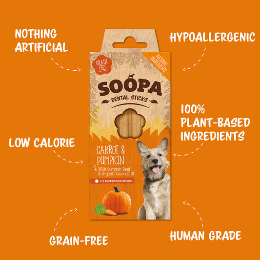 Soopa Dental Sticks Dog Treat Carrot and Pumpkin 4 Pack 100g