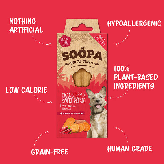 Soopa Dental Sticks Dog Treat Cranberry & Sweet Potato 4 Pack 100g