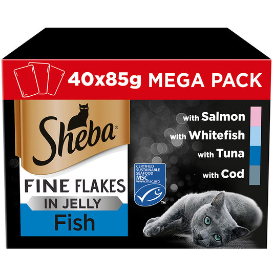 Sheba Fine Flakes Wet Adult Cat Food Fish In Jelly 40x85g
