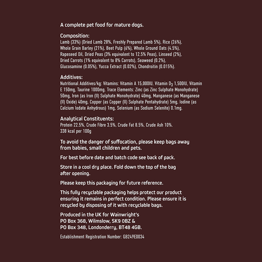 Wainwright's Mature Dry Dog Food Lamb with Rice