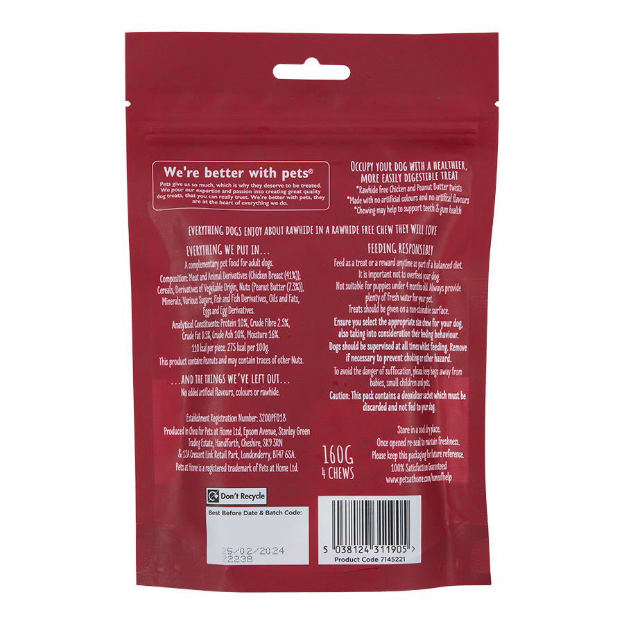 Pets at Home Rawhide Free Adult Dog Treats Chicken & Peanut Butter Twist 160g
