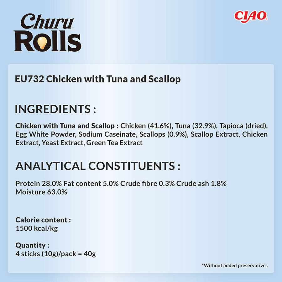 Ciao Churu Cat Treat Rolls Chicken, Tuna & Scallop 4x10g