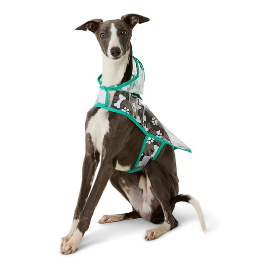 Pets at Home Printed Transpawrent Paw & Bone Dog Raincoat Teal
