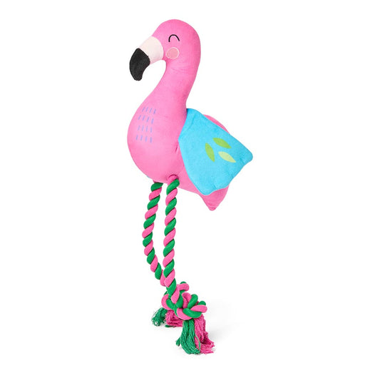 Pets at Home Sunny Daze Plush Flo Flamingo with Rope Squeaky Dog Toy