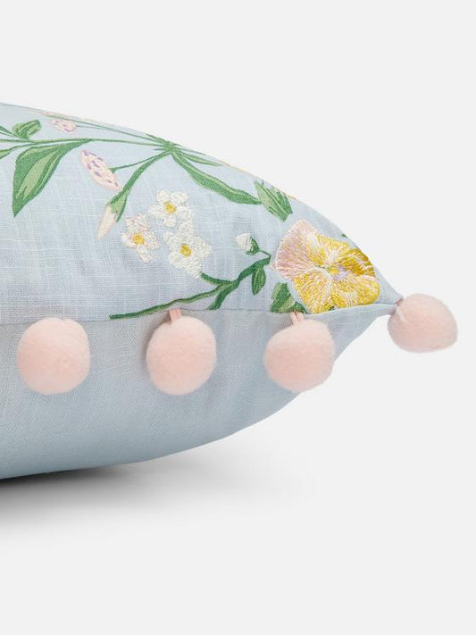 Floral Square Cushion with Pom Poms