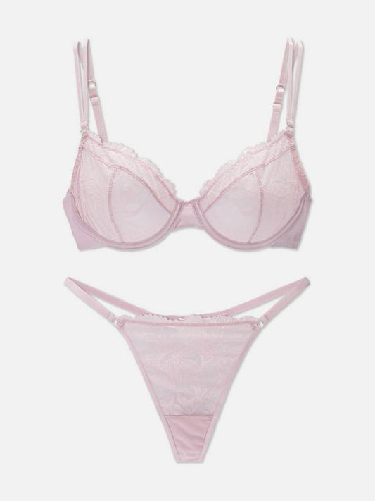 Floral Embroidered Non-Padded Bra and Thong Set