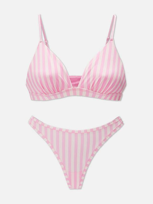Pink Stripe Triangle Bra & Thong Set