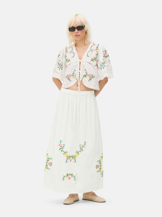 Floral Embroidered Midi Skirt