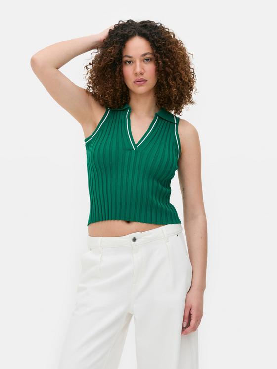Sleeveless Ribbed Polo Top