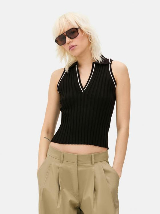 Sleeveless Ribbed Polo Top
