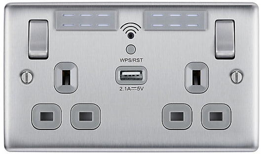 BG Brushed Steel 13A Raised slim Double WiFi extender socket with USB