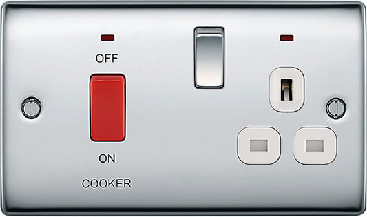 BG Chrome Cooker switch & socket with neon & White inserts