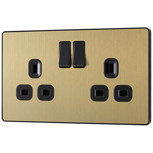 British General Brass effect Double 13A Gold Switched socket & Black inserts