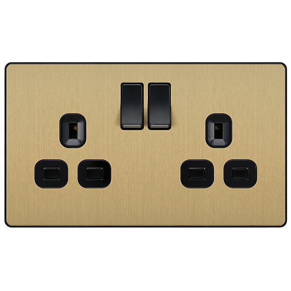 British General Brass effect Double 13A Gold Switched socket & Black inserts