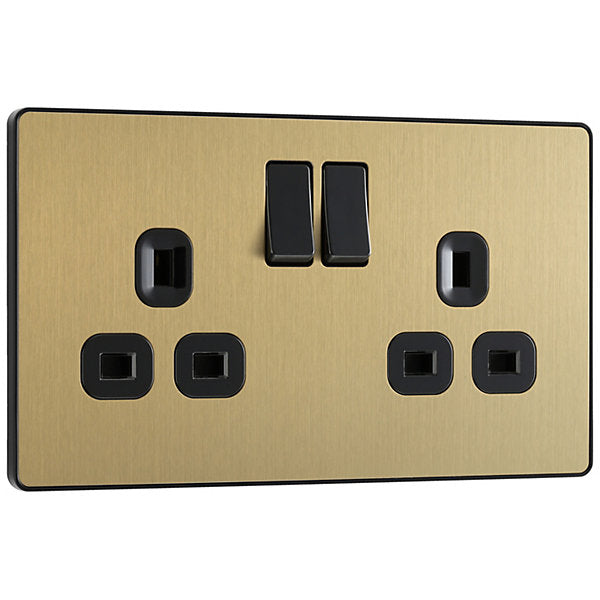 British General Brass effect Double 13A Gold Switched socket & Black inserts
