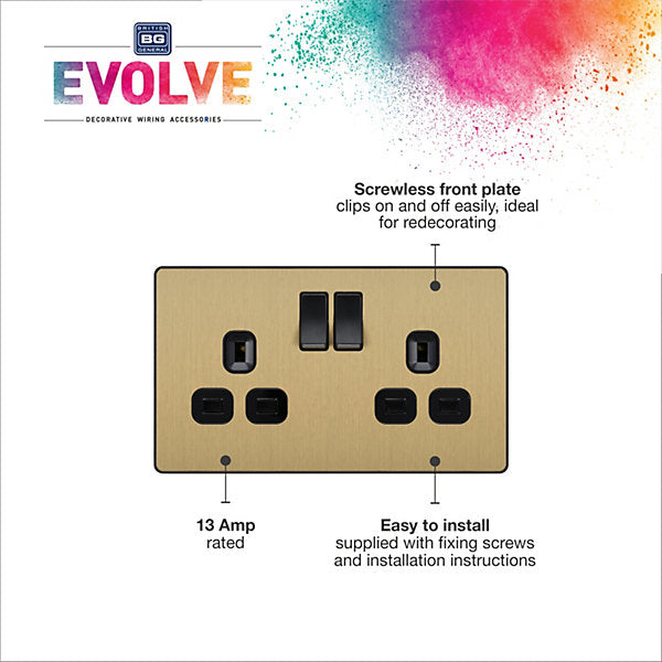 British General Brass effect Double 13A Gold Switched socket & Black inserts