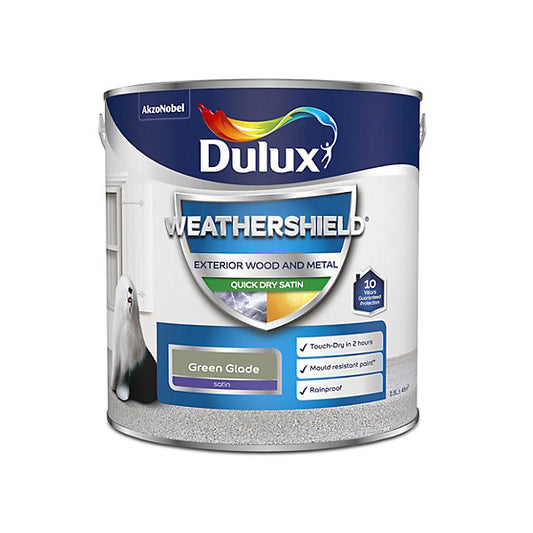 Dulux Weathershield Green glade Satinwood Exterior Doors & windows Protector Metal & wood paint, 2.5L Tin