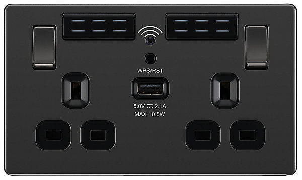 GoodHome Black Nickel 13A Switched Double Screwless WiFi extender socket with USB