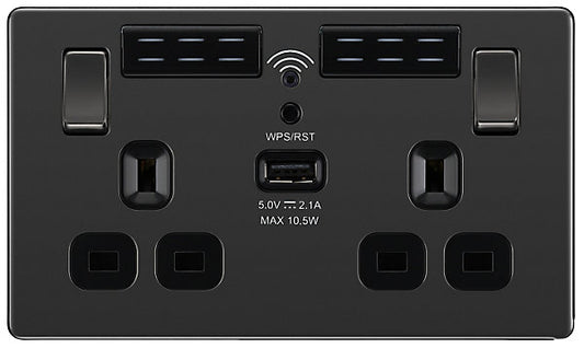 GoodHome Black Nickel 13A Switched Double Screwless WiFi extender socket with USB