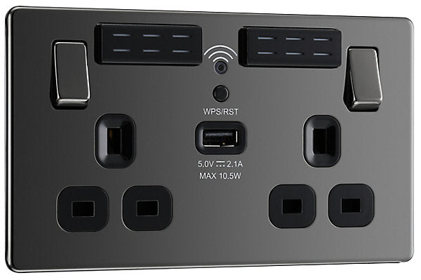 GoodHome Black Nickel 13A Switched Double Screwless WiFi extender socket with USB