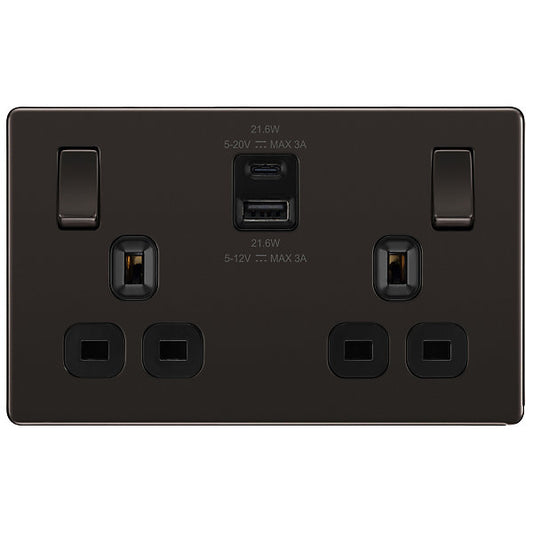 GoodHome Black Nickel Double 13A Flat Switched Screwless Socket with USB, x2 & Black inserts