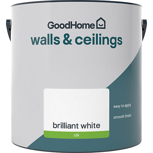 GoodHome Brilliant white Vinyl silk Wall & ceiling Emulsion paint, 2.5L