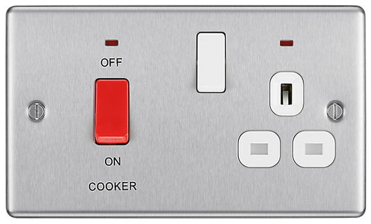 GoodHome Brushed Steel Cooker switch & socket with neon & White inserts