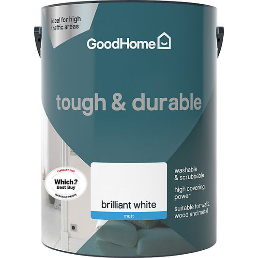 GoodHome Tough & Durable Brilliant white Matt Wall & ceiling Emulsion paint, 5L