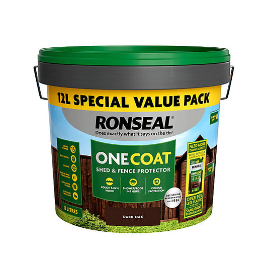 Ronseal One Coat Dark Oak Matt Exterior Shed & fence Protector Wood paint, 12L Tub