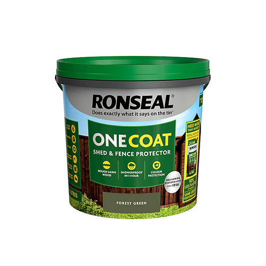 Ronseal One Coat Forest Green Matt Exterior Shed & fence Protector Wood paint, 5L Tub